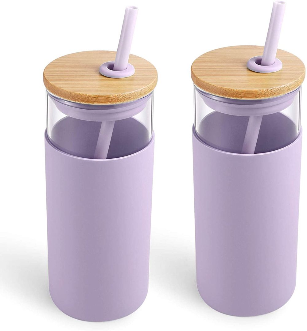 Kitchen & Dining |  Tronco 20Oz Glass Tumbler Glass Water Bottle Straw Silicone Protective Sleeve Bamboo Lid – Bpa Free (Light Purple-2Pack) Bar Tools & Drinkware Bar Tools & Drinkware