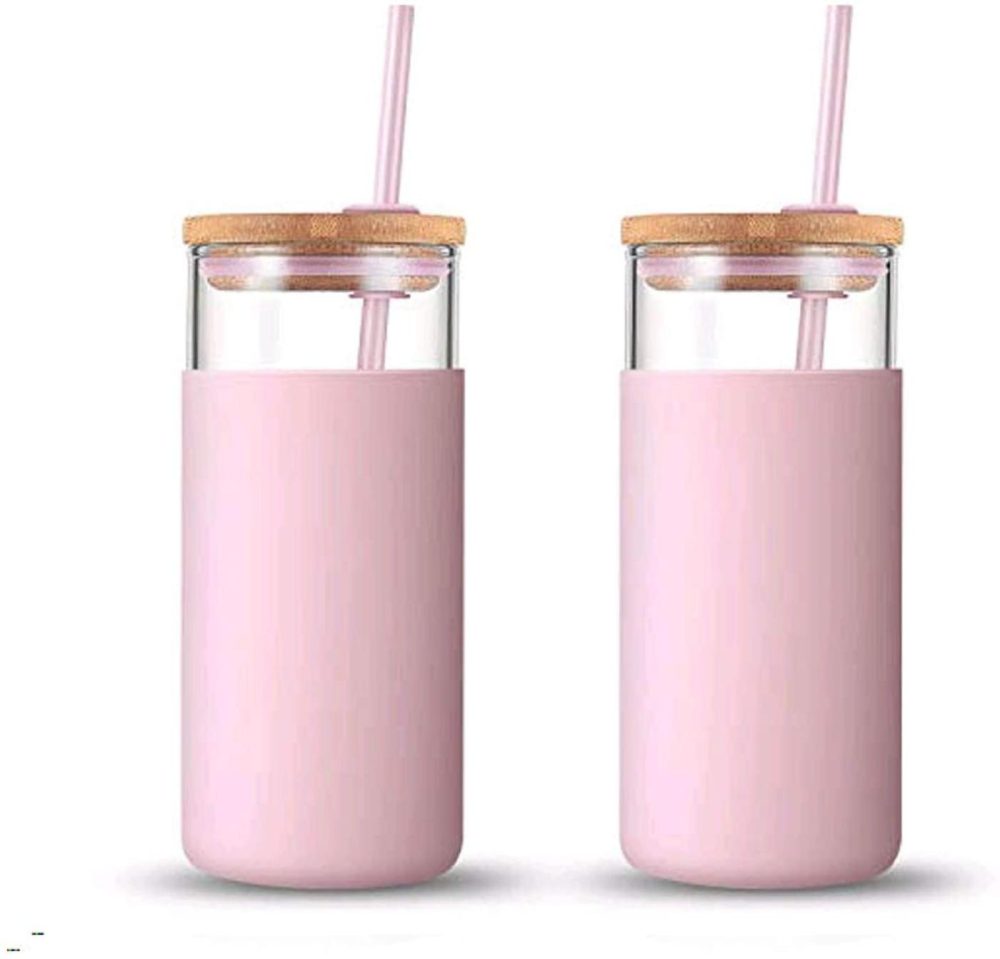 Kitchen & Dining |  Tronco 20Oz Glass Tumbler Glass Water Bottle Straw Silicone Protective Sleeve Bamboo Lid – Bpa Free (Pink/ 2-Pack) Bar Tools & Drinkware Bar Tools & Drinkware