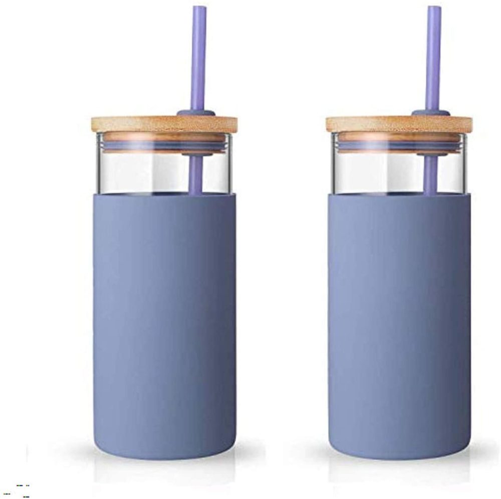 Kitchen & Dining |  Tronco 20Oz Glass Tumbler Straw Silicone Protective Sleeve Bamboo Lid – Bpa Free (Purple/ 2-Pack) Bar Tools & Drinkware Bar Tools & Drinkware