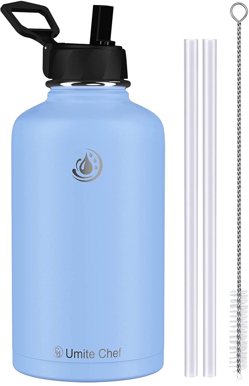 Kitchen & Dining |  Umite Chef Water Bottle, Vacuum Insulated Wide Mouth Stainless-Steel Sports 18-64Oz Water Bottle With New Wide Handle Straw Lid,Hot Cold, Double Walled Thermo Mug Home Decor & Cleaning Blue