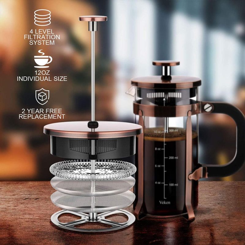 Kitchen & Dining |  Veken French Press Coffee Maker (12Oz), 304 Stainless Steel Coffee Press With 4 Filter Screens, Durable Easy Clean Heat Resistant Borosilicate Glass – 100% Bpa Free Coffee, Tea & Espresso Appliances Coffee, Tea & Espresso Appliances