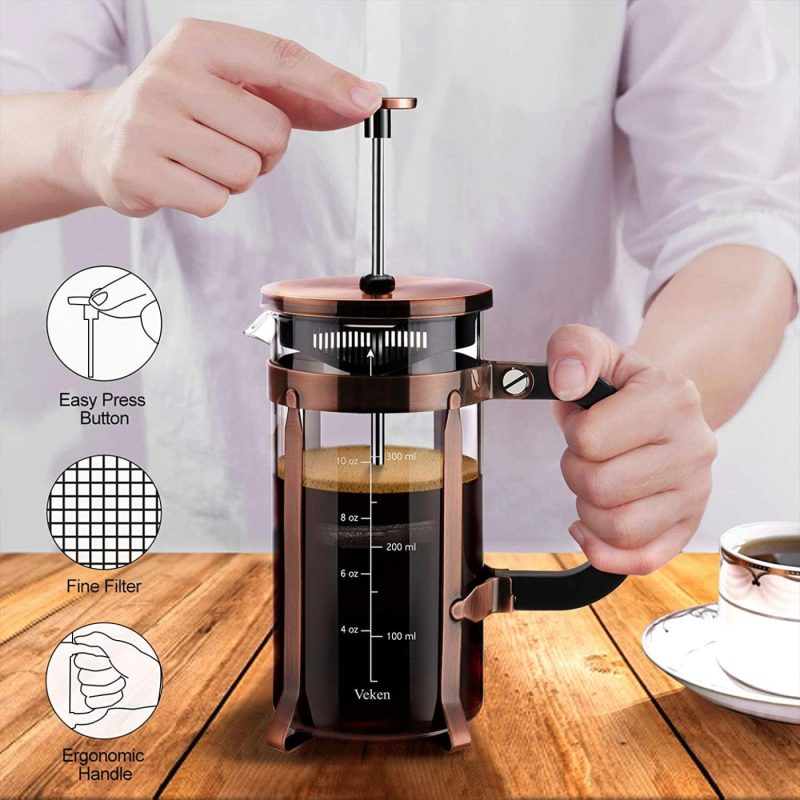 Kitchen & Dining |  Veken French Press Coffee Maker (12Oz), 304 Stainless Steel Coffee Press With 4 Filter Screens, Durable Easy Clean Heat Resistant Borosilicate Glass – 100% Bpa Free Coffee, Tea & Espresso Appliances Coffee, Tea & Espresso Appliances