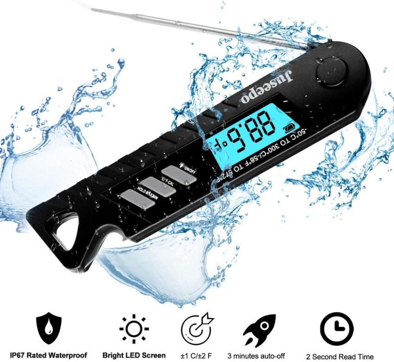 Kitchen & Dining |  Waterproof Digital Meat Thermometer, 2S Fast Instant Read Bbq Thermometer With Backlight Display And Foldable Probe, Suitable For Kitchen, Outdoor Bbq, Steak, Chicken, Coffee And Fried (Black) Home Decor & Cleaning black