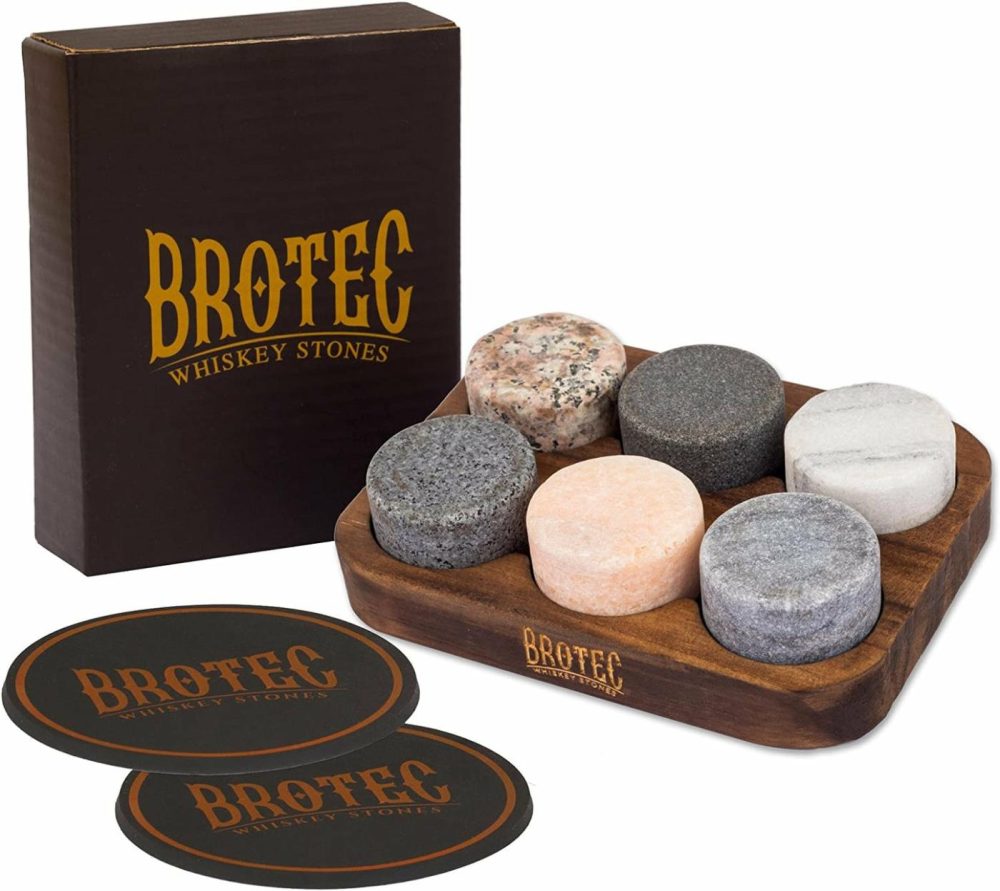 Kitchen & Dining |  Whiskey Stones Gift Set – 6 Granite Round Beverage Chilling Drinking Stones Whiskey Rocks With 2 Extra Whisky Glasses Coasters – Premium Sipping Rocks In Elegant Wooden Storage Tray – Bar Accessories Home Decor & Cleaning BROTEC