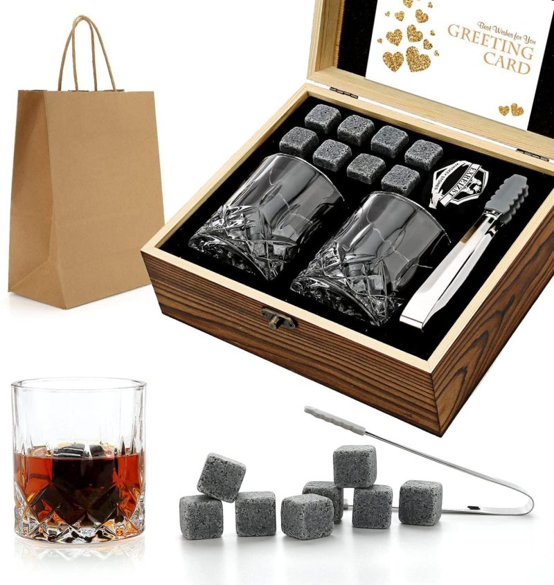 Kitchen & Dining |  Whiskey Stones Gift Set – Whiskey Glass Set Of 2 – Granite Chilling Whiskey Rocks – Scotch Bourbon Whiskey Glass Gift Box Set – Best Drinking Gifts For Men Dad Husband Birthday Party Holiday Present Home Decor & Cleaning Exreizst