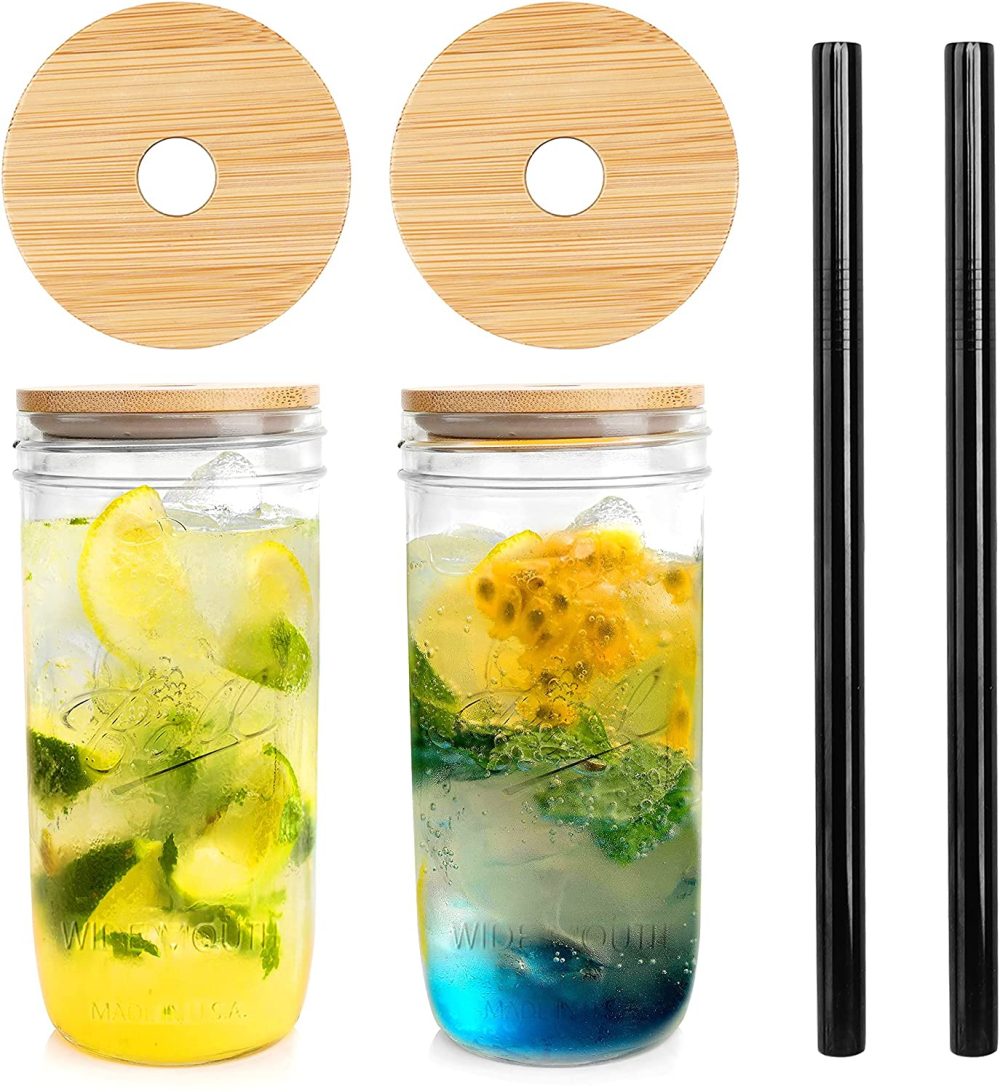 Kitchen & Dining |  Wide Mouth Mason Jar Lids, Mason Jar Drinking Glasses 24 Oz, Set Of 2 Mason Jar Cups With Lids And Straws, For Jam, Juices, Honey, Cocktail, Diy Magnetic Spice Jars Cookware CDILOGO