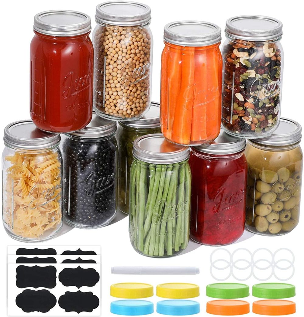 Kitchen & Dining |  Wide Mouth Mason Jars 32 Oz, 8 Pack Large Glass Canning Jars With Metal Airtight Lids And Bands, Extra Leak-Proof Colored Lids, Chalkboard Labels And Marker, For Meal Prep, Food Storage, Canning, Preserving, Drinking, Diy Projects Cookware AOZITA