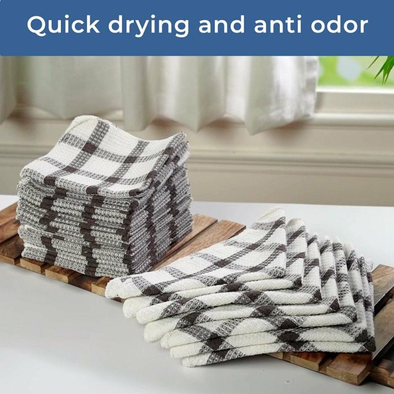 Kitchen & Table Linens |  Set Of 24 | 100% Cotton | 12 X 12 Inches | Checkered Pattern Brown Dish Towels Scrubbing Clothes Cleaning Rags Kitchen Essentials Home Decor & Cleaning brown