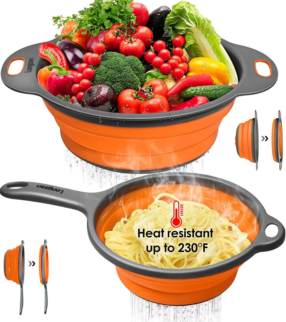 Kitchen Utensils & Gadgets |  Longzon Collapsible Silicone Colanders And Strainers [2 Piece Set], Diameter Sizes 8” -2 Quart And 9.5" -3 Quart, Pasta Vegetable/Fruit Kitchen Mesh Strainers With Extendable Handles Orange And Grey Home Decor & Cleaning Blue