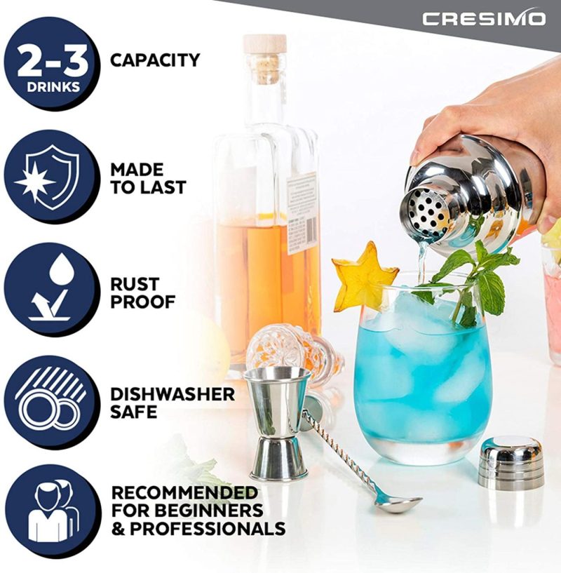 Kitchen Utensils & Gadgets |  Cocktail Shaker Set By Cresimo – Stainless Steel Bartending Kit With 24 Ounce Cocktail Shaker With Built In Drink Strainer, Measuring Jigger, Mixing Spoon & Drink Recipe Guide – Professional Bar Tools Home Decor & Cleaning CRESIMO