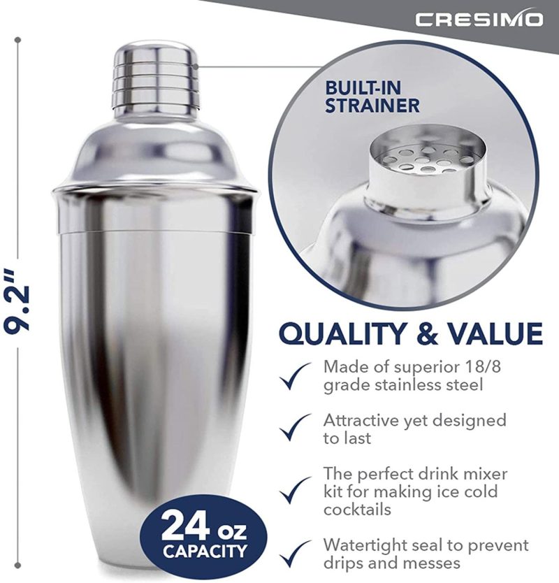 Kitchen Utensils & Gadgets |  Cocktail Shaker Set By Cresimo – Stainless Steel Bartending Kit With 24 Ounce Cocktail Shaker With Built In Drink Strainer, Measuring Jigger, Mixing Spoon & Drink Recipe Guide – Professional Bar Tools Home Decor & Cleaning CRESIMO