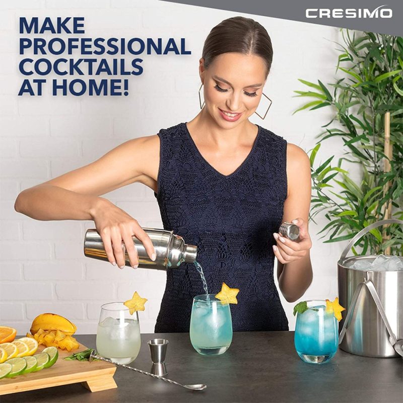 Kitchen Utensils & Gadgets |  Cocktail Shaker Set By Cresimo – Stainless Steel Bartending Kit With 24 Ounce Cocktail Shaker With Built In Drink Strainer, Measuring Jigger, Mixing Spoon & Drink Recipe Guide – Professional Bar Tools Home Decor & Cleaning CRESIMO