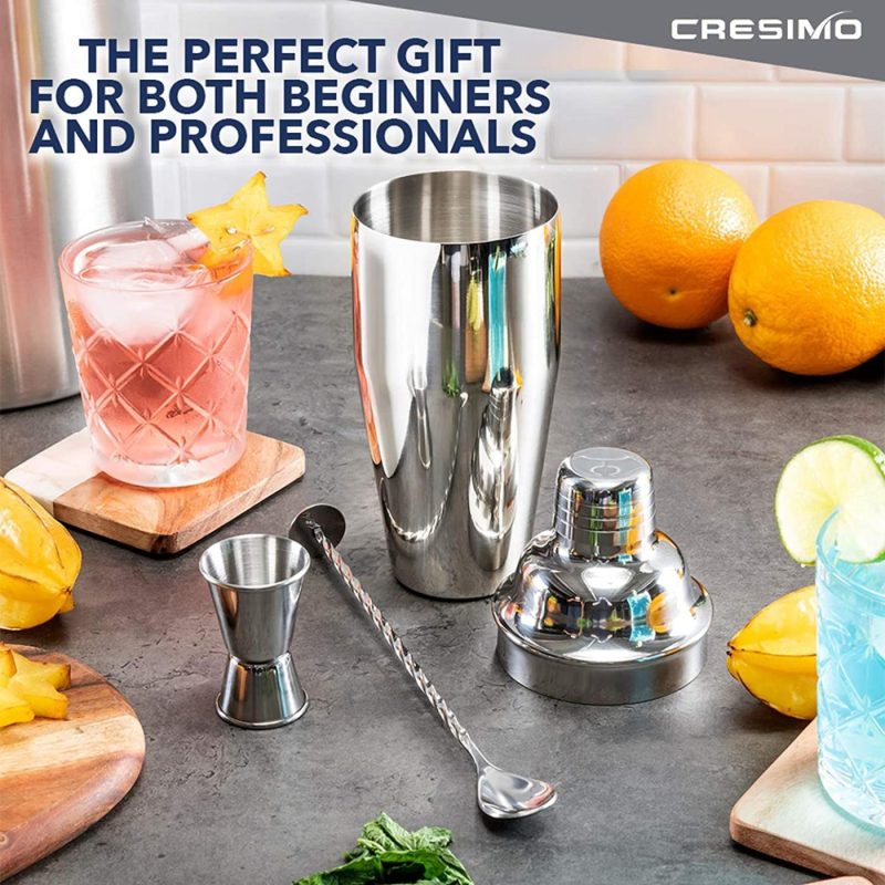 Kitchen Utensils & Gadgets |  Cocktail Shaker Set By Cresimo – Stainless Steel Bartending Kit With 24 Ounce Cocktail Shaker With Built In Drink Strainer, Measuring Jigger, Mixing Spoon & Drink Recipe Guide – Professional Bar Tools Home Decor & Cleaning CRESIMO