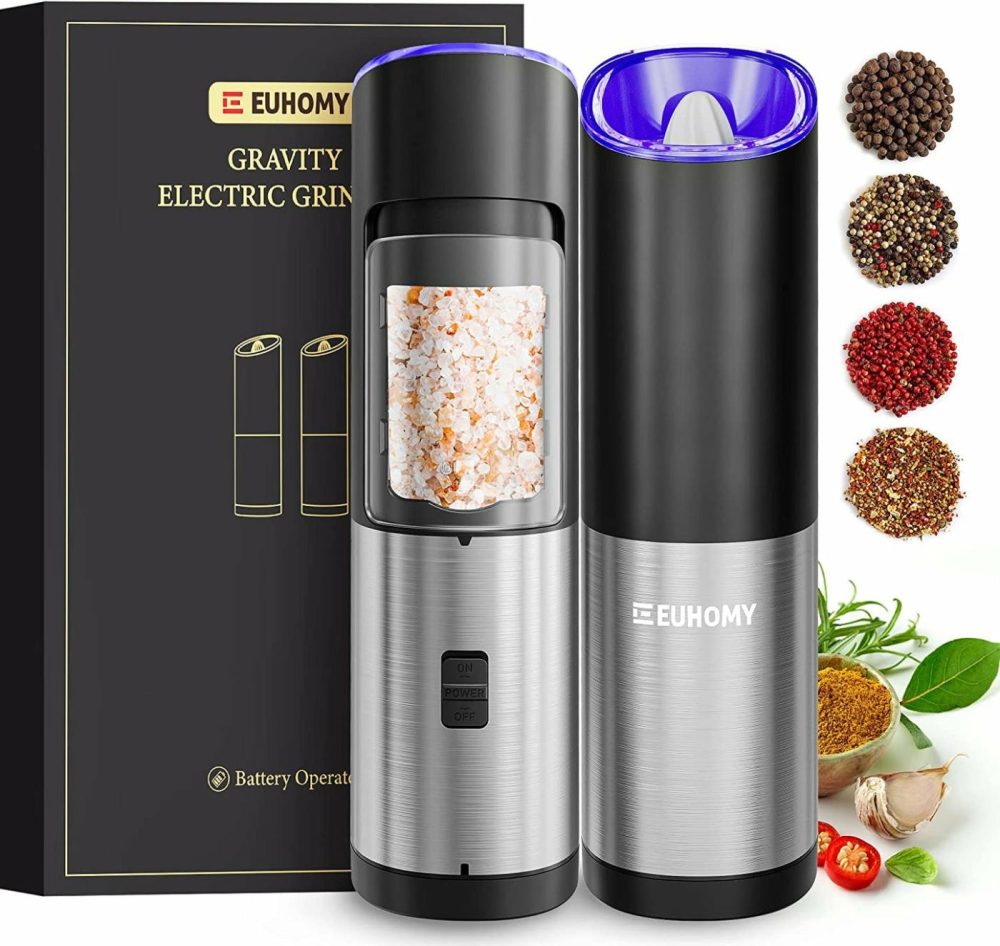 Kitchen Utensils & Gadgets |  Euhomy Gravity Electric Salt And Pepper Grinder Set, Automatic Pepper Grinder And Salt Mill Battery Powered, Led Light, Adjustable Coarseness, One Hand Operated Pepper Grinder With Safety Switch. Home Decor & Cleaning EUHOMY