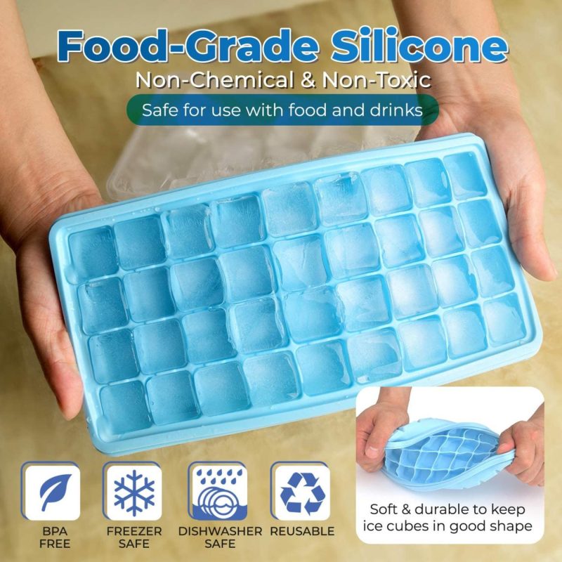 Kitchen Utensils & Gadgets |  Ice Cube Tray With Lid And Bin – Silicone Ice Tray For Freezer | Comes With Ice Container, Scoop And Cover | Good Size Ice Bucket (Blue) Home Decor & Cleaning Blue