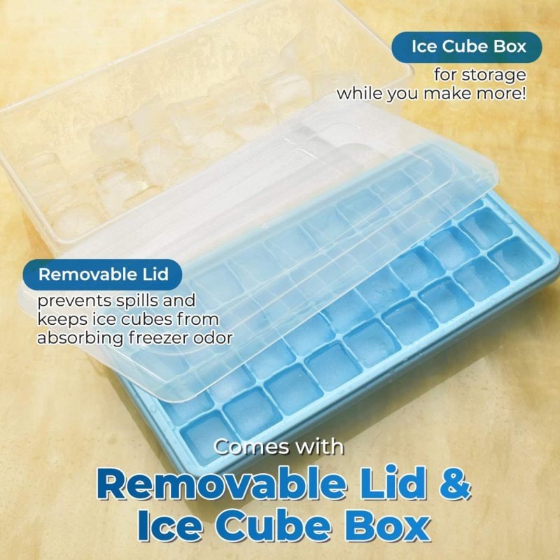 Kitchen Utensils & Gadgets |  Ice Cube Tray With Lid And Bin – Silicone Ice Tray For Freezer | Comes With Ice Container, Scoop And Cover | Good Size Ice Bucket (Blue) Home Decor & Cleaning Blue