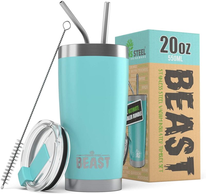 Kitchen Utensils & Gadgets |  Insulated Stainless Steel Coffee Cup With Lid, 2 Straws & Brush By Greens Steel Bar Tools & Drinkware Aquamarine Blue