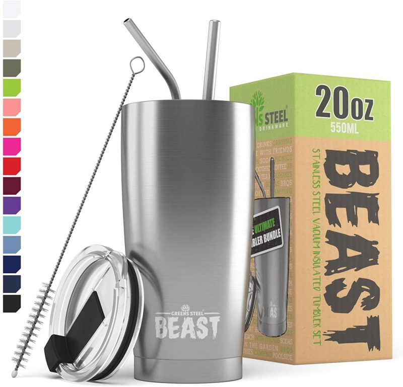 Kitchen Utensils & Gadgets |  Insulated Stainless Steel Coffee Cup With Lid, 2 Straws & Brush By Greens Steel Bar Tools & Drinkware Aquamarine Blue