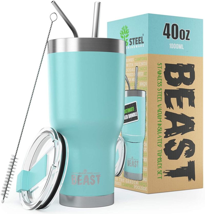 Kitchen Utensils & Gadgets |  Insulated Stainless Steel Coffee Cup With Lid, 2 Straws & Brush By Greens Steel Bar Tools & Drinkware Aquamarine Blue