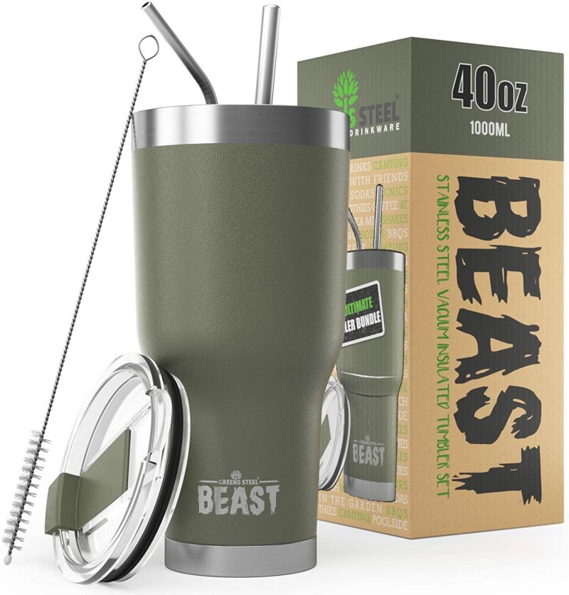 Kitchen Utensils & Gadgets |  Insulated Stainless Steel Coffee Cup With Lid, 2 Straws & Brush By Greens Steel Bar Tools & Drinkware Aquamarine Blue