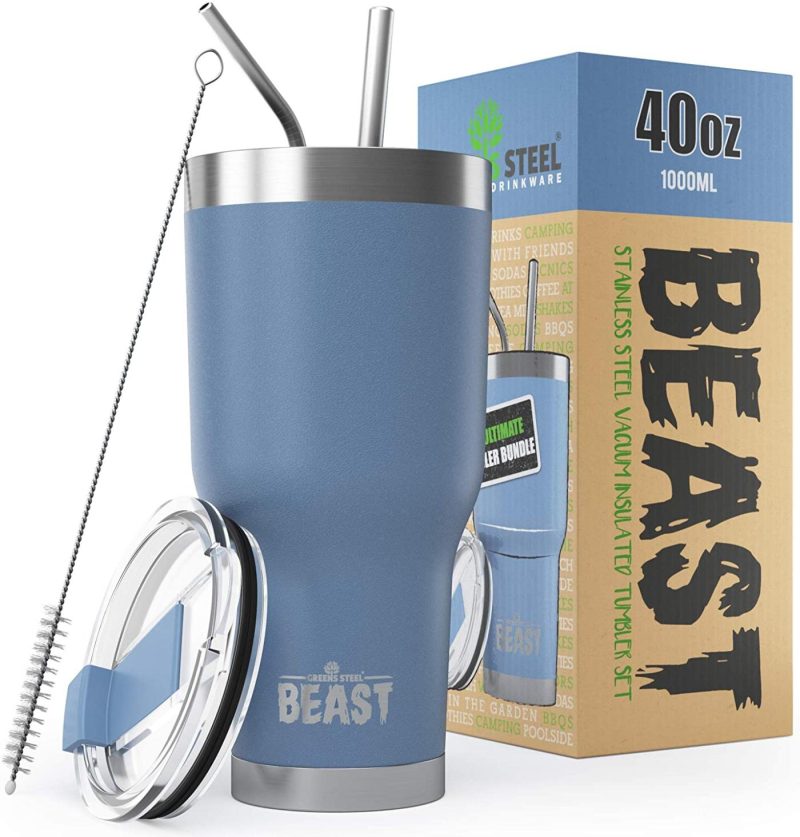 Kitchen Utensils & Gadgets |  Insulated Stainless Steel Coffee Cup With Lid, 2 Straws & Brush By Greens Steel Bar Tools & Drinkware Aquamarine Blue