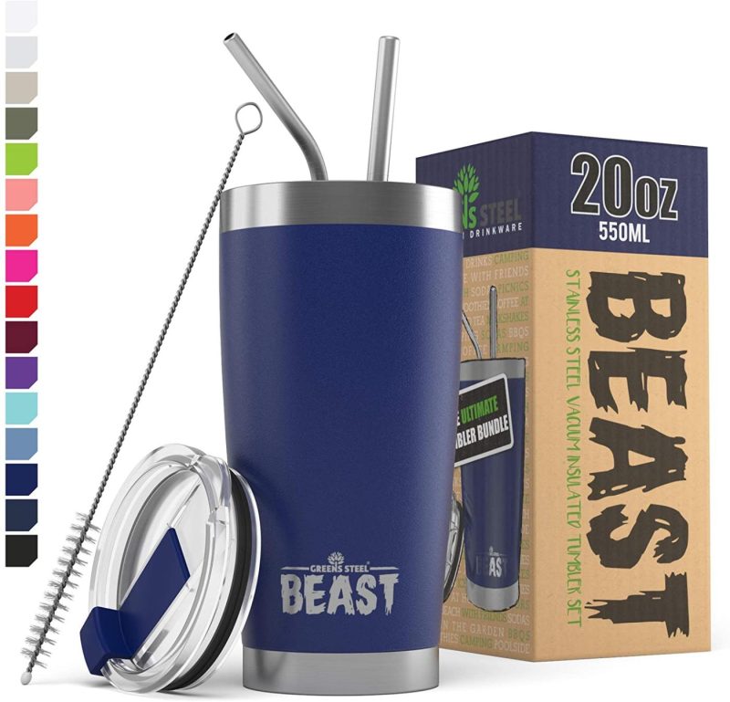 Kitchen Utensils & Gadgets |  Insulated Stainless Steel Coffee Cup With Lid, 2 Straws & Brush By Greens Steel Bar Tools & Drinkware Aquamarine Blue