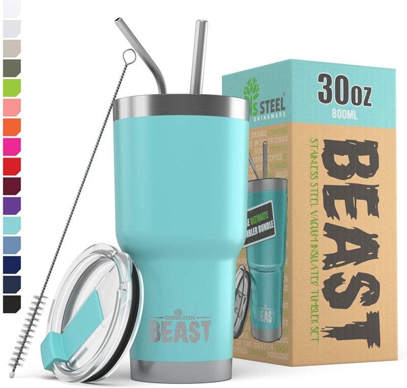 Kitchen Utensils & Gadgets |  Insulated Stainless Steel Coffee Cup With Lid, 2 Straws & Brush By Greens Steel Bar Tools & Drinkware Aquamarine Blue