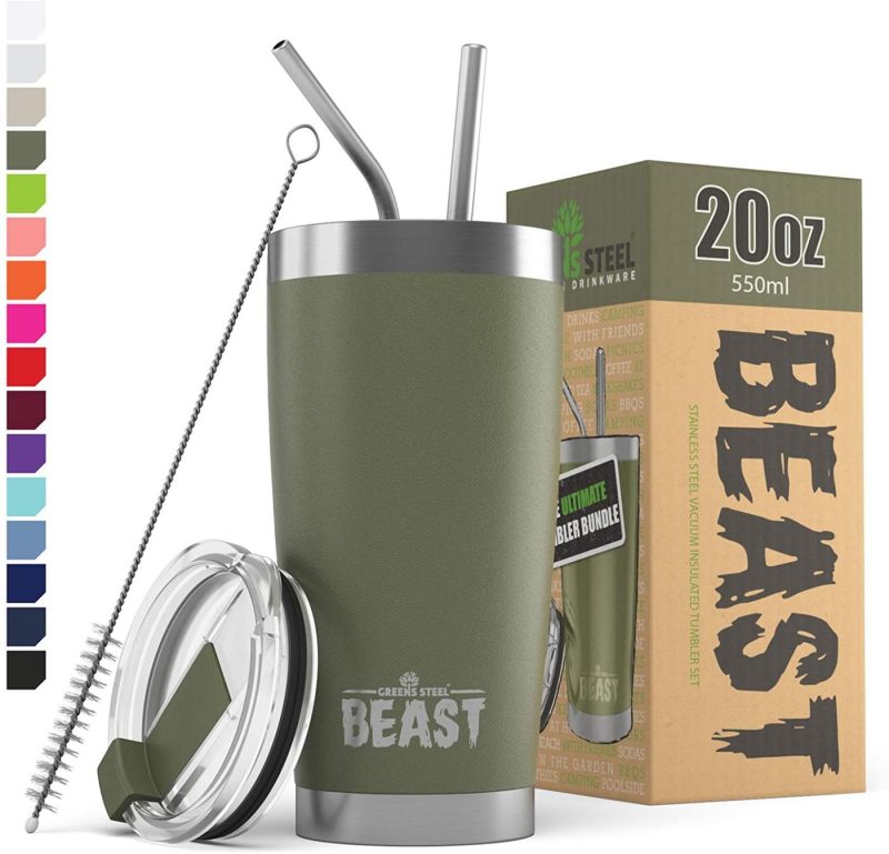 Kitchen Utensils & Gadgets |  Insulated Stainless Steel Coffee Cup With Lid, 2 Straws & Brush By Greens Steel Bar Tools & Drinkware Aquamarine Blue