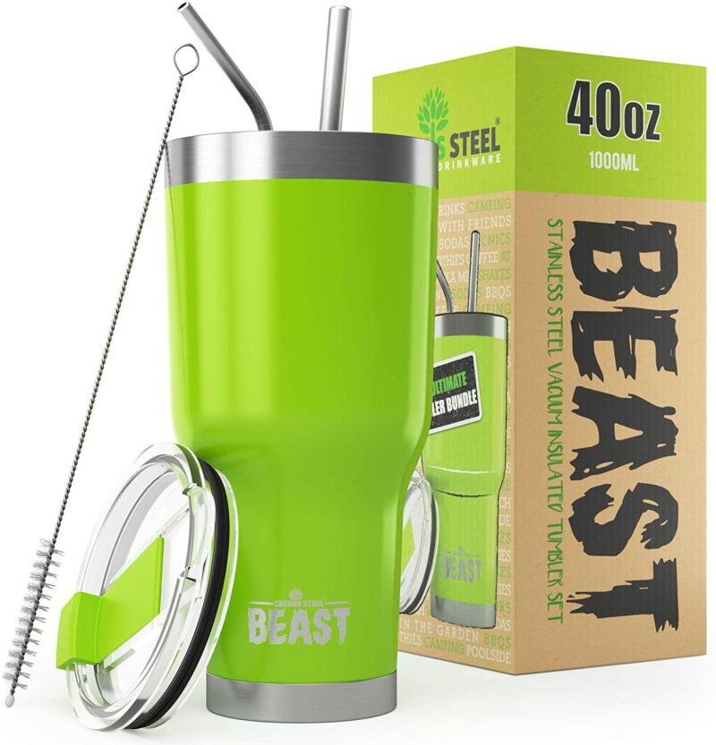 Kitchen Utensils & Gadgets |  Insulated Stainless Steel Coffee Cup With Lid, 2 Straws & Brush By Greens Steel Bar Tools & Drinkware Aquamarine Blue