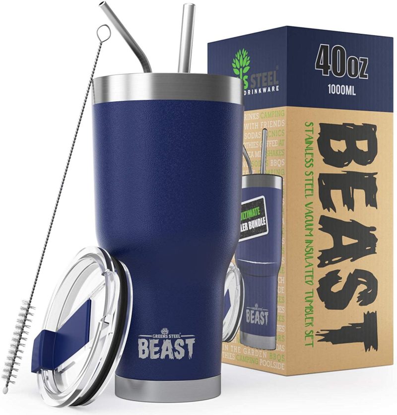 Kitchen Utensils & Gadgets |  Insulated Stainless Steel Coffee Cup With Lid, 2 Straws & Brush By Greens Steel Bar Tools & Drinkware Aquamarine Blue