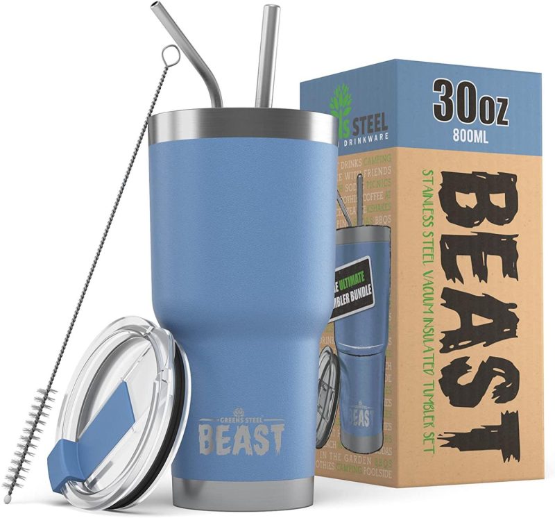 Kitchen Utensils & Gadgets |  Insulated Stainless Steel Coffee Cup With Lid, 2 Straws & Brush By Greens Steel Bar Tools & Drinkware Aquamarine Blue