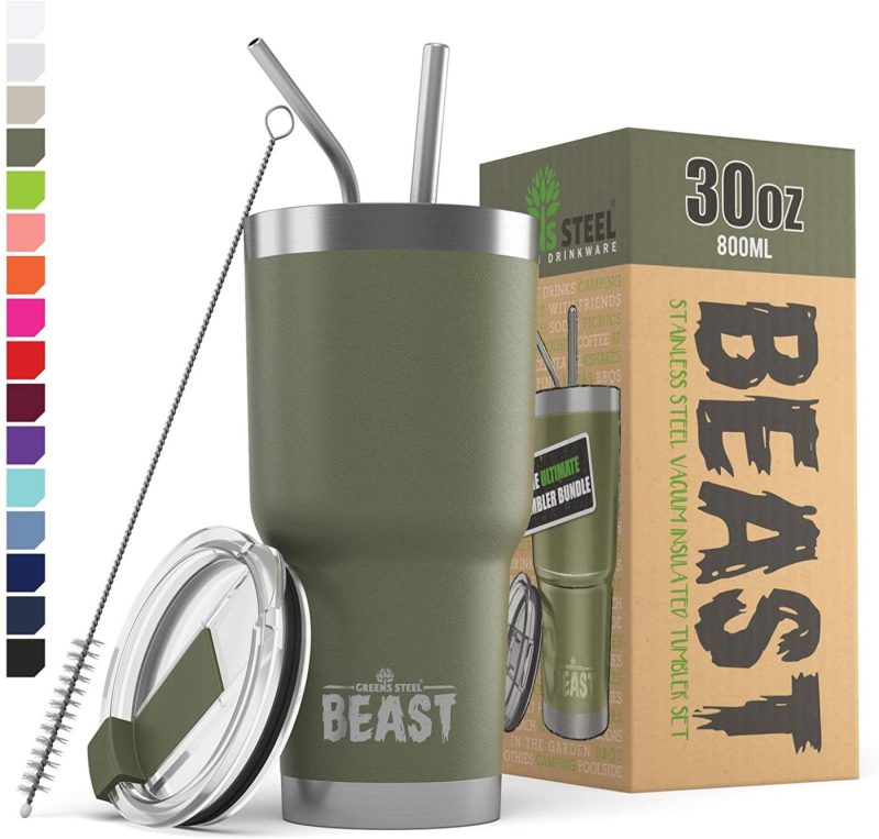 Kitchen Utensils & Gadgets |  Insulated Stainless Steel Coffee Cup With Lid, 2 Straws & Brush By Greens Steel Bar Tools & Drinkware Aquamarine Blue