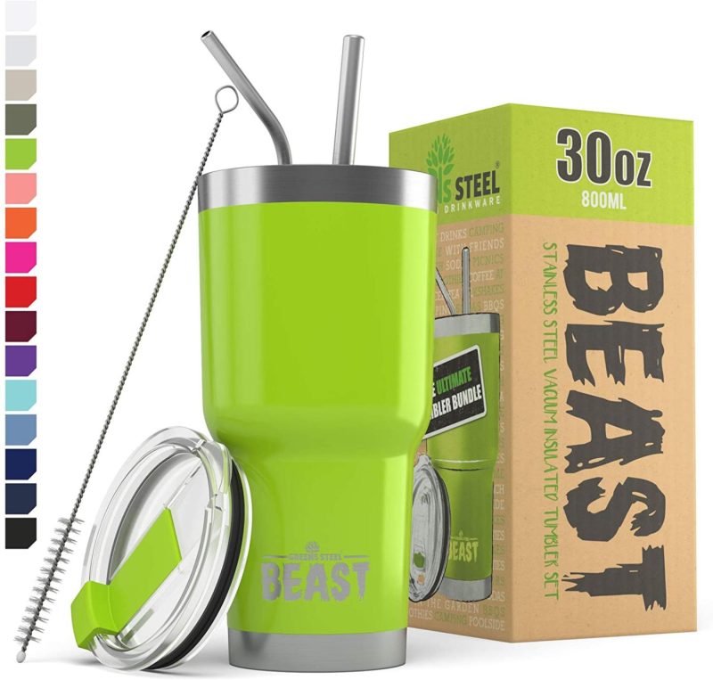 Kitchen Utensils & Gadgets |  Insulated Stainless Steel Coffee Cup With Lid, 2 Straws & Brush By Greens Steel Bar Tools & Drinkware Aquamarine Blue