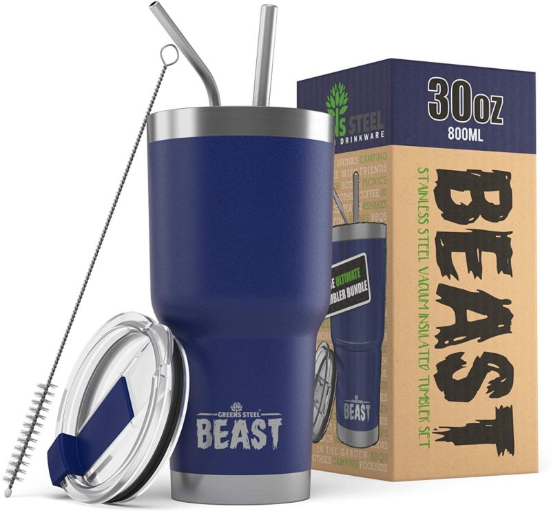 Kitchen Utensils & Gadgets |  Insulated Stainless Steel Coffee Cup With Lid, 2 Straws & Brush By Greens Steel Bar Tools & Drinkware Aquamarine Blue