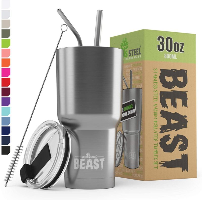 Kitchen Utensils & Gadgets |  Insulated Stainless Steel Coffee Cup With Lid, 2 Straws & Brush By Greens Steel Bar Tools & Drinkware Aquamarine Blue