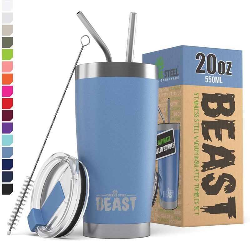 Kitchen Utensils & Gadgets |  Insulated Stainless Steel Coffee Cup With Lid, 2 Straws & Brush By Greens Steel Bar Tools & Drinkware Aquamarine Blue