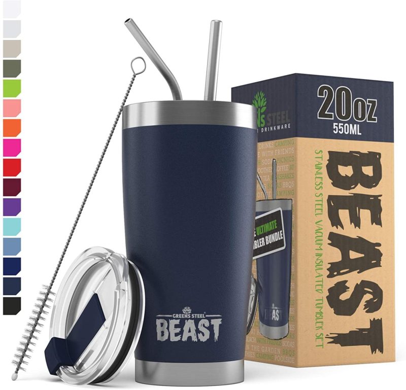 Kitchen Utensils & Gadgets |  Insulated Stainless Steel Coffee Cup With Lid, 2 Straws & Brush By Greens Steel Bar Tools & Drinkware Aquamarine Blue