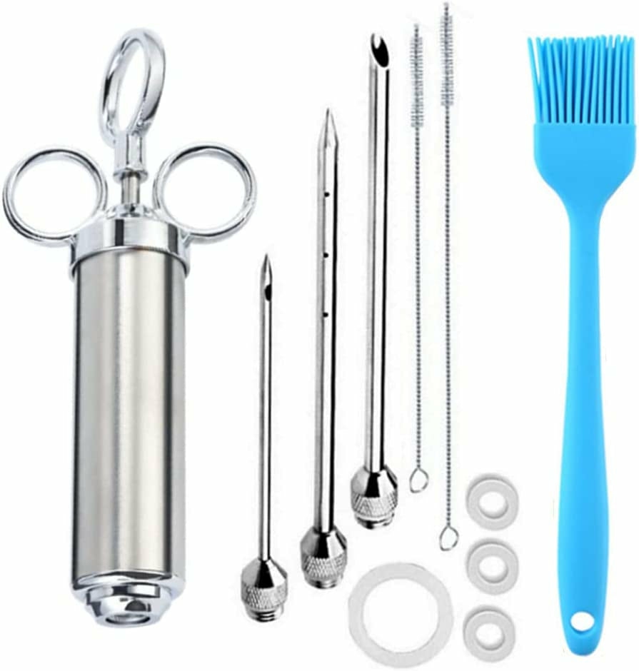 Kitchen Utensils & Gadgets |  Meat Injector Syringe Kit, Food Seasoning Injector, Food Grade 304 Stainless Steel 2-Oz Large Capacity With 3 Needles, Easy To Use And Clean, Free Silicone Bbq Brush (Silver+Blue) Home Decor & Cleaning Adocfan