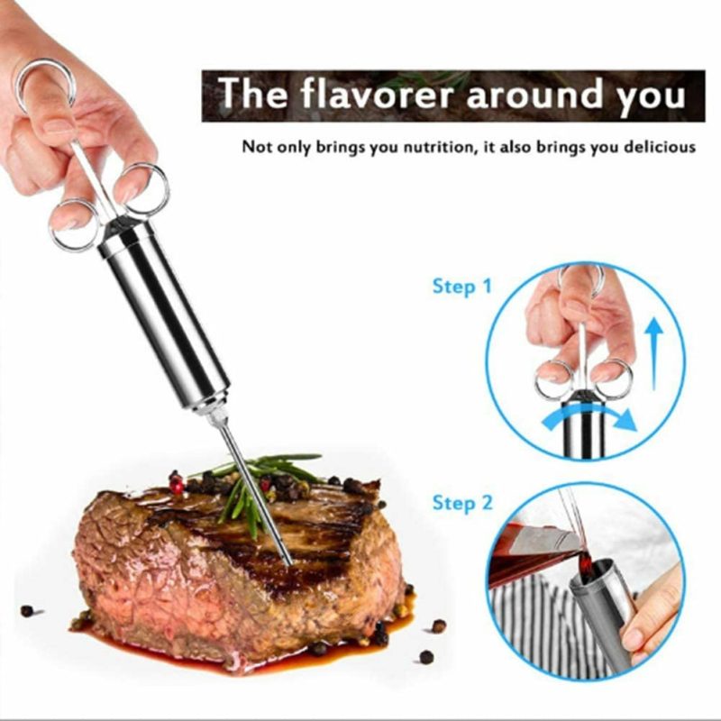 Kitchen Utensils & Gadgets |  Meat Injector Syringe Kit, Food Seasoning Injector, Food Grade 304 Stainless Steel 2-Oz Large Capacity With 3 Needles, Easy To Use And Clean, Free Silicone Bbq Brush (Silver+Blue) Home Decor & Cleaning Adocfan