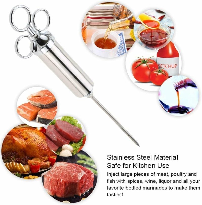 Kitchen Utensils & Gadgets |  Meat Injector Syringe Kit, Food Seasoning Injector, Food Grade 304 Stainless Steel 2-Oz Large Capacity With 3 Needles, Easy To Use And Clean, Free Silicone Bbq Brush (Silver+Blue) Home Decor & Cleaning Adocfan