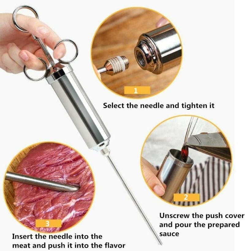 Kitchen Utensils & Gadgets |  Meat Injector Syringe Kit, Food Seasoning Injector, Food Grade 304 Stainless Steel 2-Oz Large Capacity With 3 Needles, Easy To Use And Clean, Free Silicone Bbq Brush (Silver+Blue) Home Decor & Cleaning Adocfan