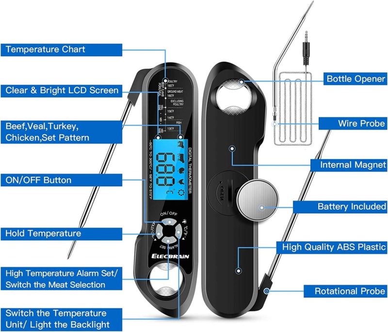 Kitchen Utensils & Gadgets |  Meat Thermometer, Instant Read Food Thermometer, Dual Probe 2 In 1 Waterproof Oven Thermometer With Alarm, Backlight, Calibration For Kitchen, Cooking, Bbq And Oil Deep Frying Home Decor & Cleaning ELECBRAiN