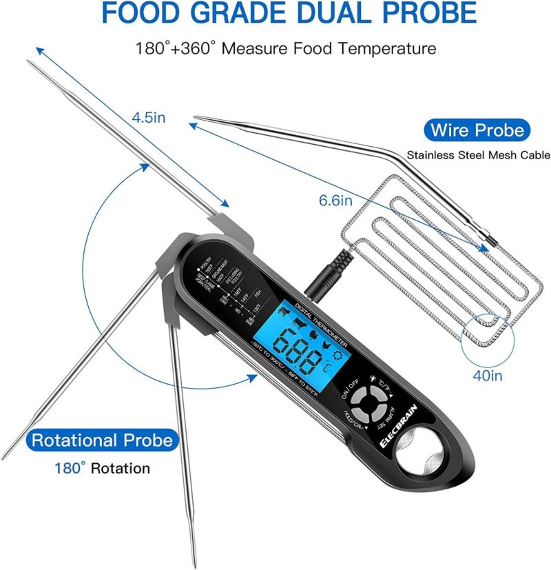 Kitchen Utensils & Gadgets |  Meat Thermometer, Instant Read Food Thermometer, Dual Probe 2 In 1 Waterproof Oven Thermometer With Alarm, Backlight, Calibration For Kitchen, Cooking, Bbq And Oil Deep Frying Home Decor & Cleaning ELECBRAiN