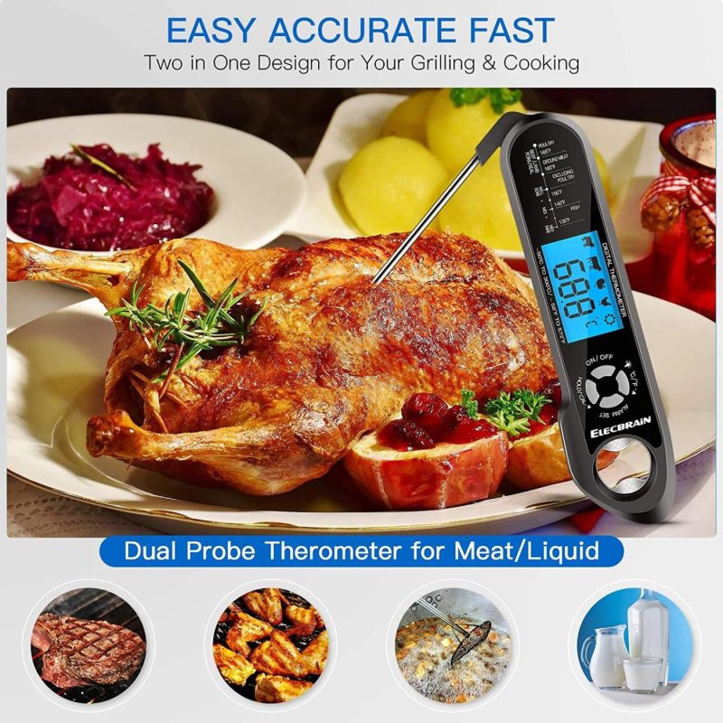 Kitchen Utensils & Gadgets |  Meat Thermometer, Instant Read Food Thermometer, Dual Probe 2 In 1 Waterproof Oven Thermometer With Alarm, Backlight, Calibration For Kitchen, Cooking, Bbq And Oil Deep Frying Home Decor & Cleaning ELECBRAiN