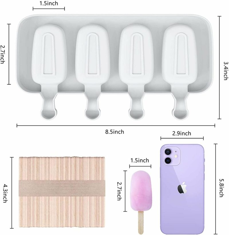 Kitchen Utensils & Gadgets |  Popsicle Molds Set Of 2, Ice Pop Molds Silicone 4 Cavities Ice Cream Mold Oval Cake Pop Mold With 50 Wooden Sticks For Diy Popsicle, Clear Home Decor & Cleaning Clear