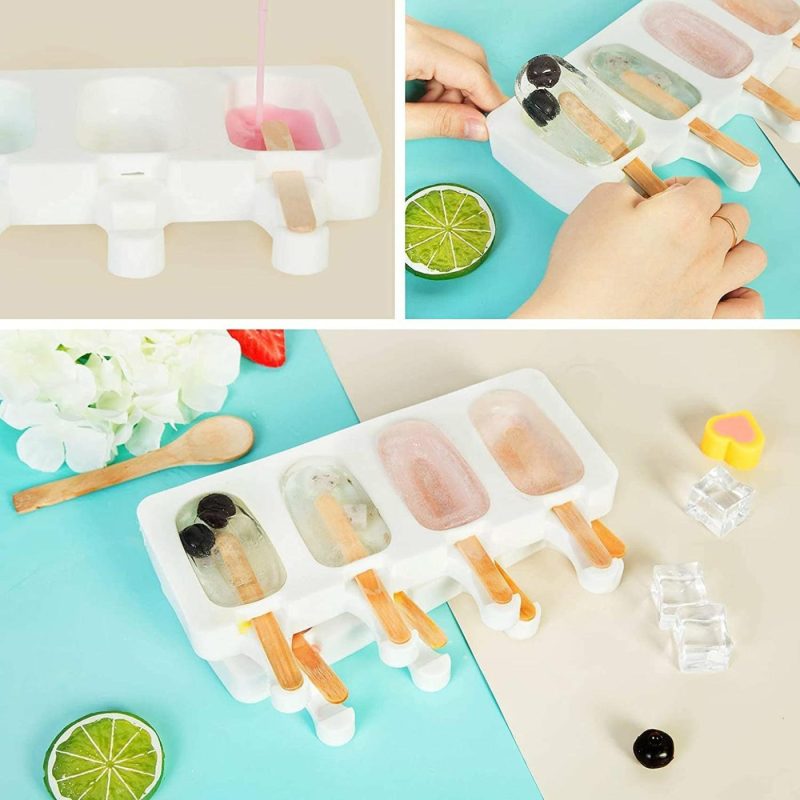 Kitchen Utensils & Gadgets |  Popsicle Molds Set Of 2, Ice Pop Molds Silicone 4 Cavities Ice Cream Mold Oval Cake Pop Mold With 50 Wooden Sticks For Diy Popsicle, Clear Home Decor & Cleaning Clear