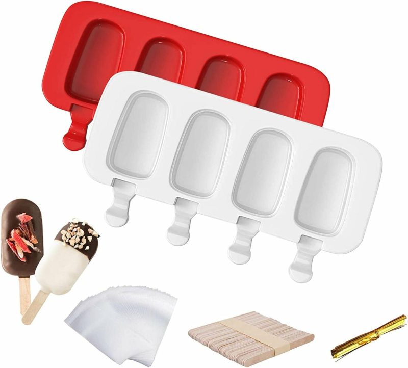 Kitchen Utensils & Gadgets |  Popsicle Molds Set Of 2, Ice Pop Molds Silicone 4 Cavities Ice Cream Mold Oval Cake Pop Mold With 50 Wooden Sticks For Diy Popsicle, Clear Home Decor & Cleaning Clear