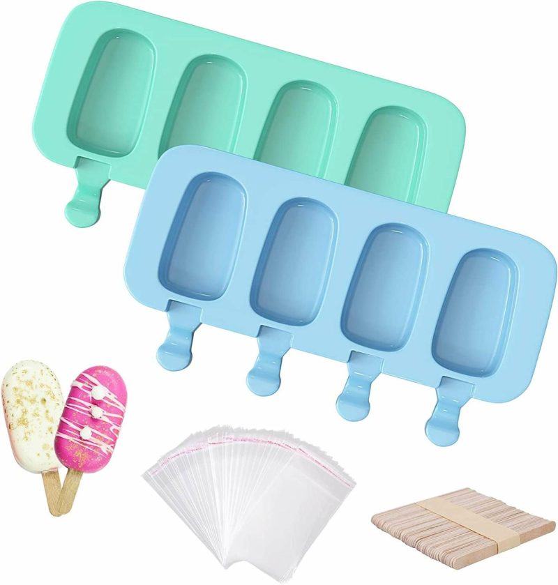 Kitchen Utensils & Gadgets |  Popsicle Molds Set Of 2, Ice Pop Molds Silicone 4 Cavities Ice Cream Mold Oval Cake Pop Mold With 50 Wooden Sticks For Diy Popsicle, Clear Home Decor & Cleaning Clear