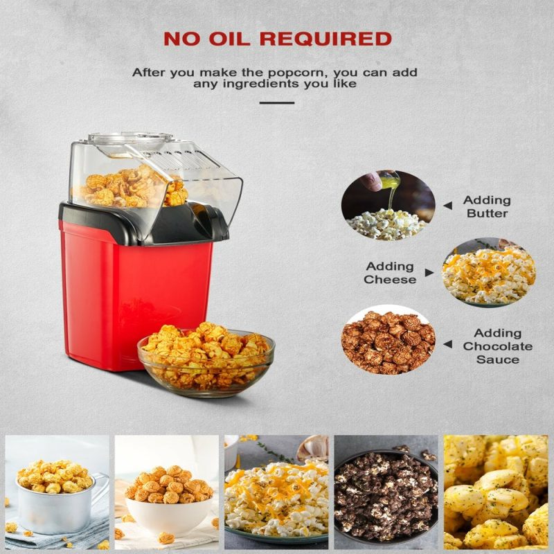 Kitchen Utensils & Gadgets |  Retro Hot Air Popcorn Maker, 1200W, Oil&Bpa Free, Red Appliances AICOOK