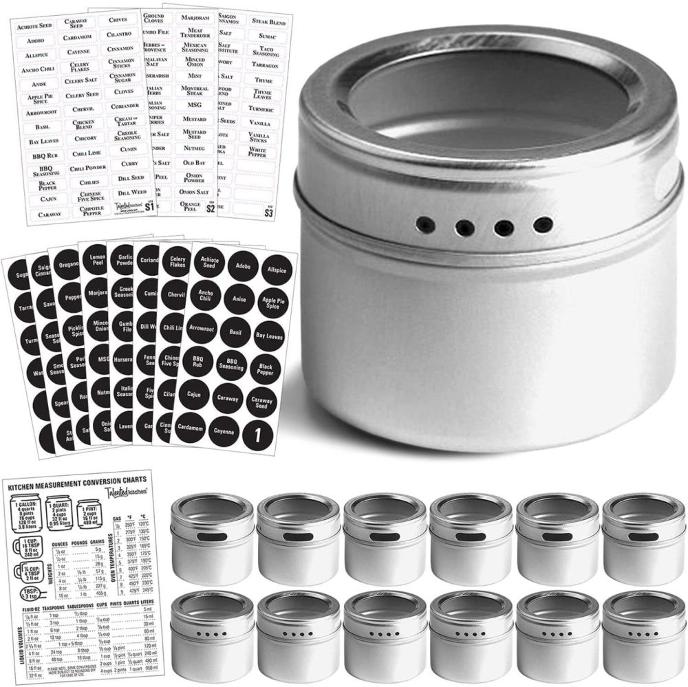 Kitchen Utensils & Gadgets |  Set Of 12 Magnetic Spice Tins With 12 Window-Top Sift And Pour Lids, 269 Preprinted Seasoning Label Stickers In 2 Styles For 3 Oz Herb Jars Home Decor & Cleaning Kitchen & Dining